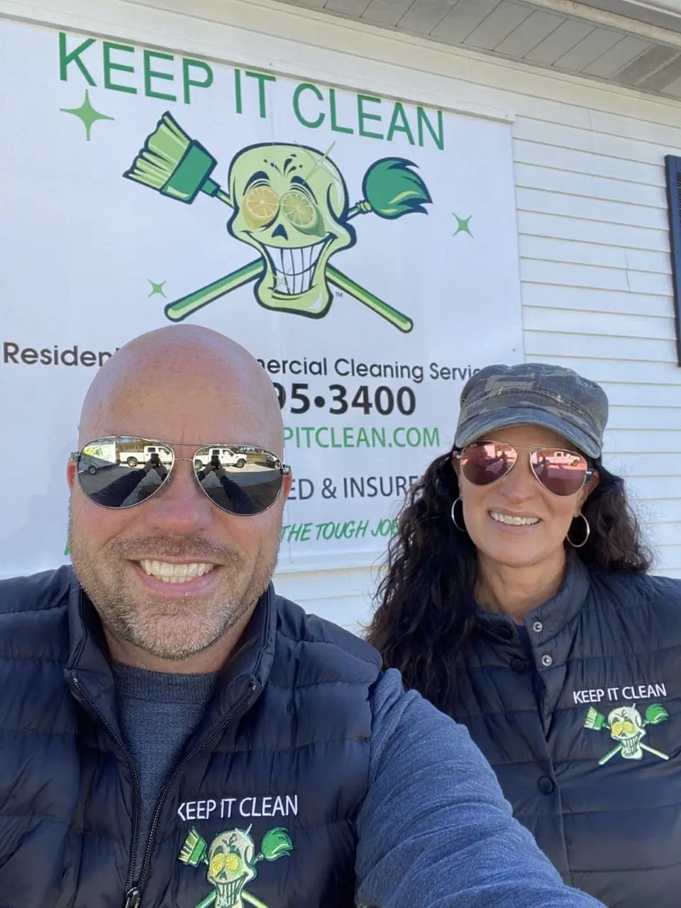 Husband and wife team, founders of Keep It Clean, smiling.