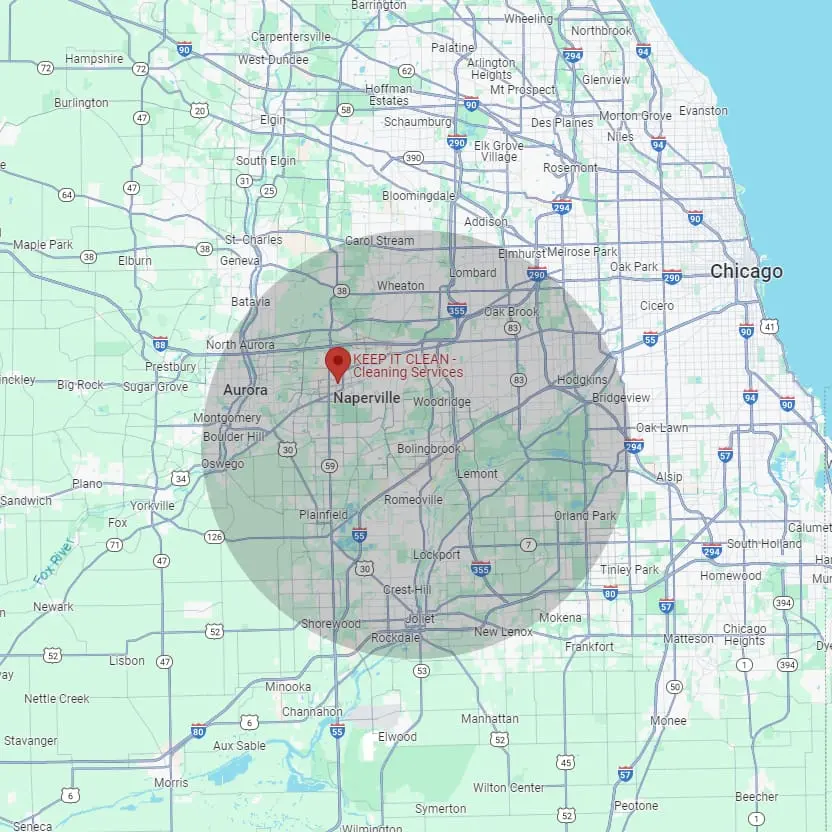 Service area map for Keep It Clean, covering Naperville, Aurora, Oak Brook, Orland Park, and additional surrounding areas including Batavia, Burr Ridge, and more