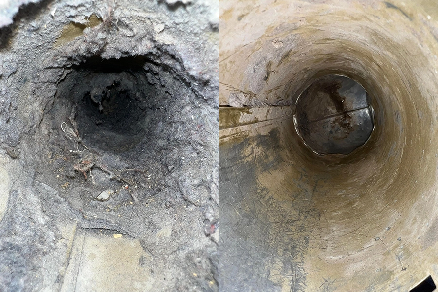 Before and after comparison of a dryer vent cleaned by KEEP IT CLEAN, showcasing clear removal of blockages and debris