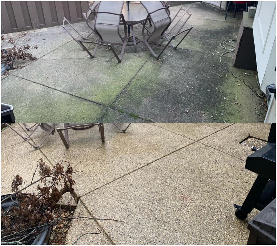 Before and after power washing photos by Keep It Clean. The 'before' image shows a grimy, mossy patio with outdoor furniture; the 'after' image reveals the same patio pristinely cleaned.
